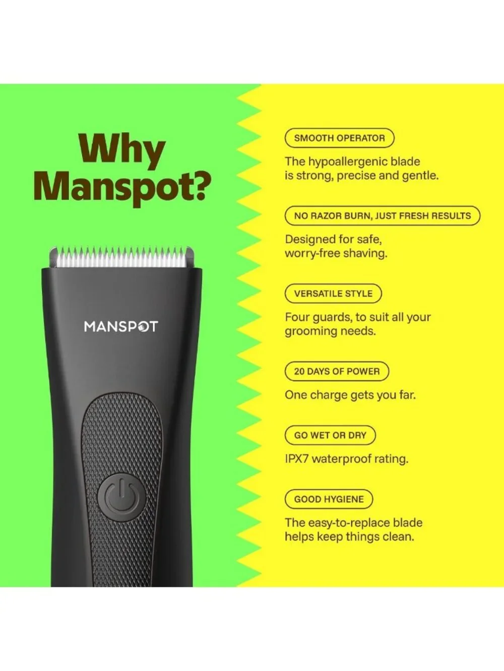 Waterproof Body Hair Trimmer for Men, Skin-Safe Blade, 90-Min Runtime, Grooming